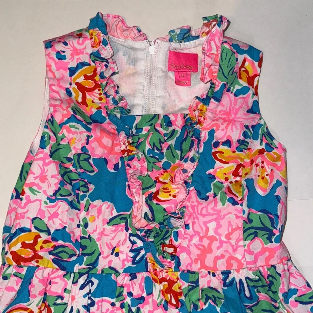Lilly Pulitzer Ruffle Vibrant Floral Dress in Blue and Pink Size 8 Summer Beach